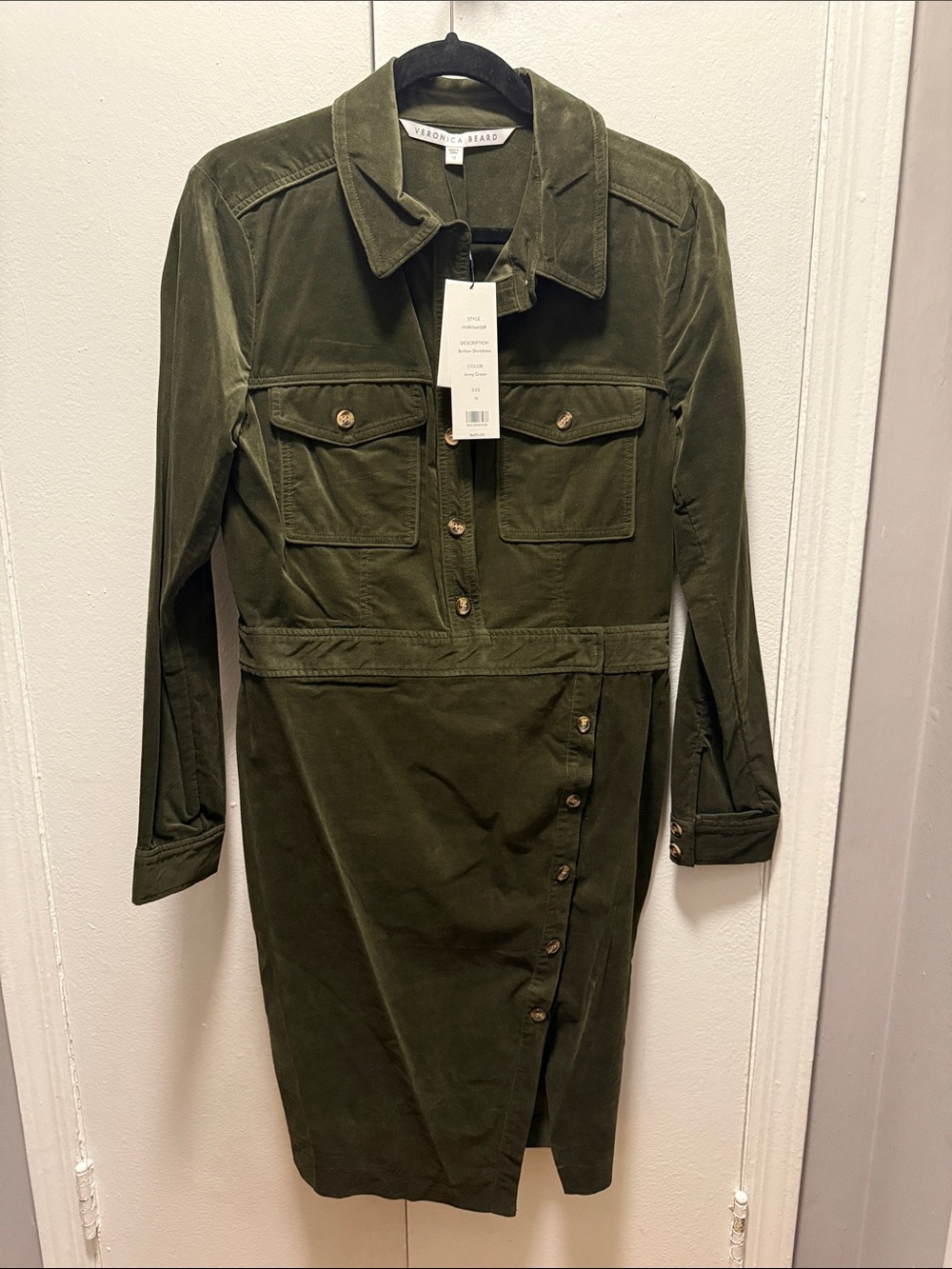 Veronica Beard Military Green Long-Sleeve Shirt Dress
